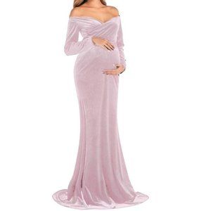 Like new JustVH Pink Velvet Off Shoulder Maternity Long Dress Size S